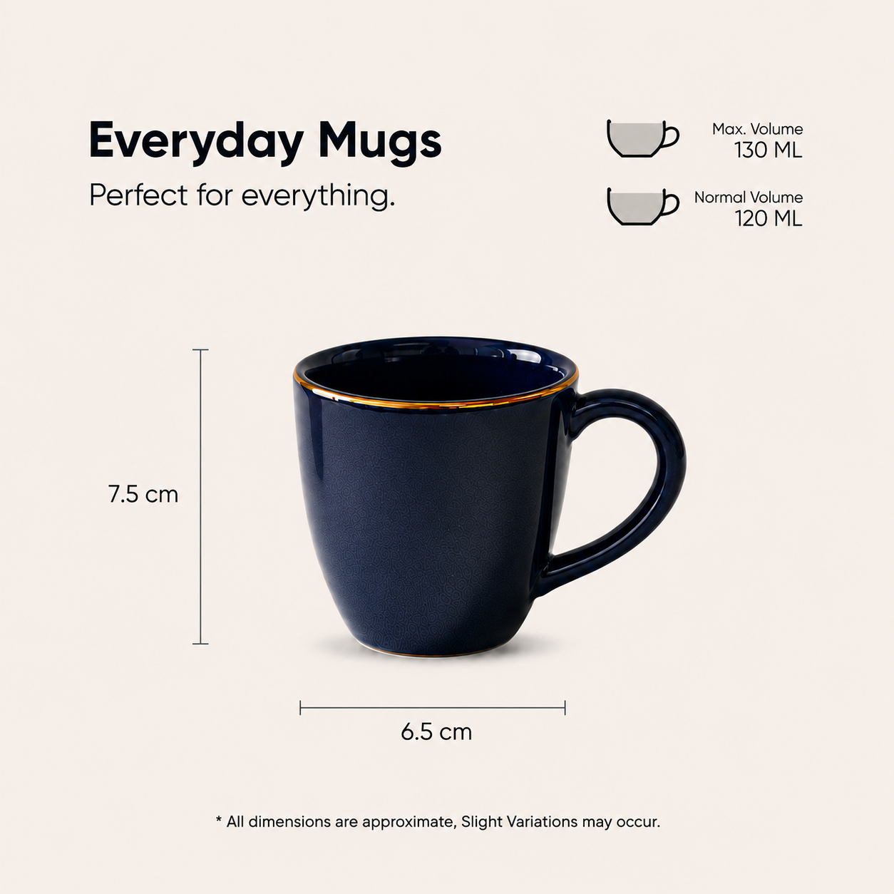 Midnight Blue with Golden Rim - Set of 6 Ceramic Tea & Coffee Mugs - image 4