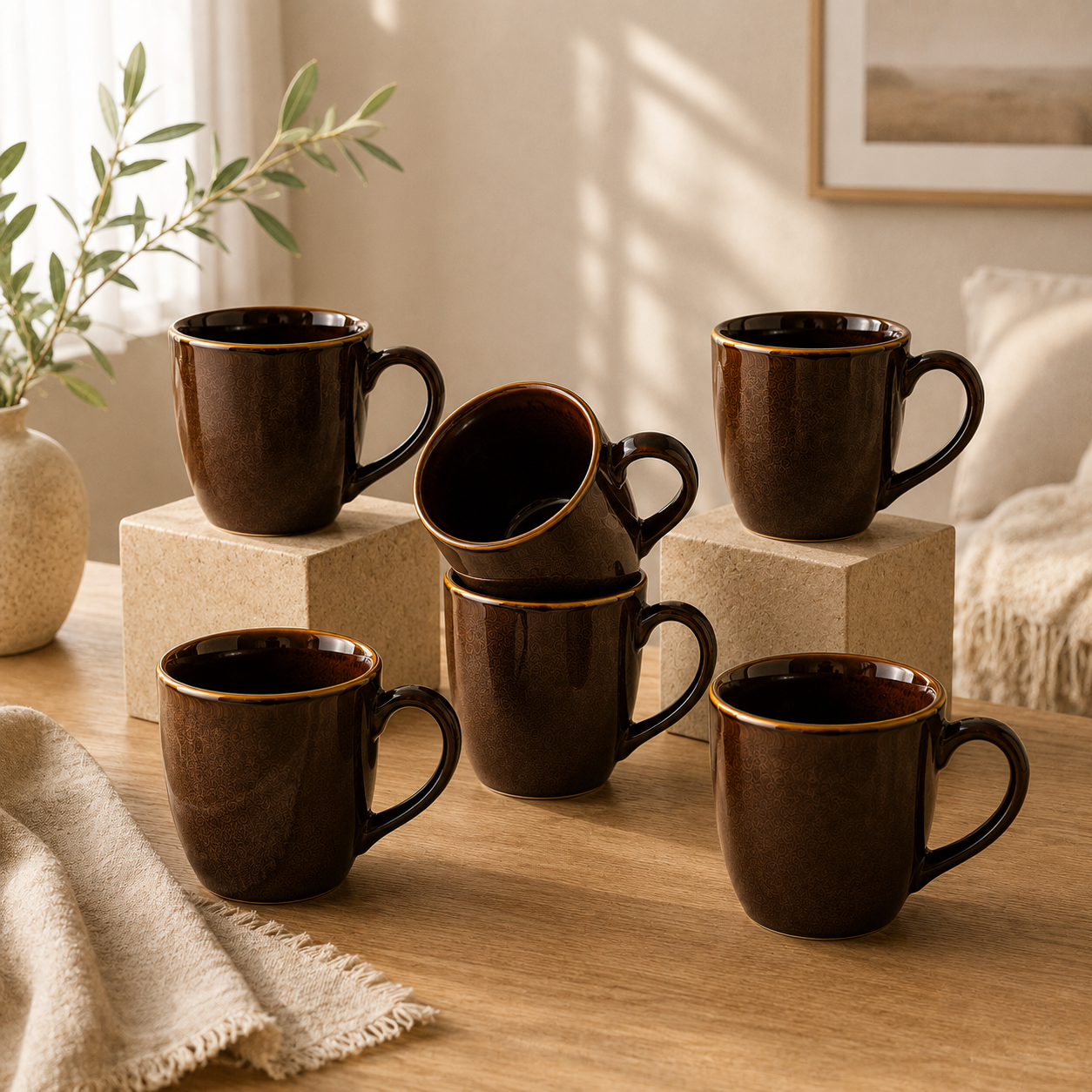 Brown Glossy Finish with Golden Rim - Set of 6 Ceramic Tea & Coffee Mugs - image 1