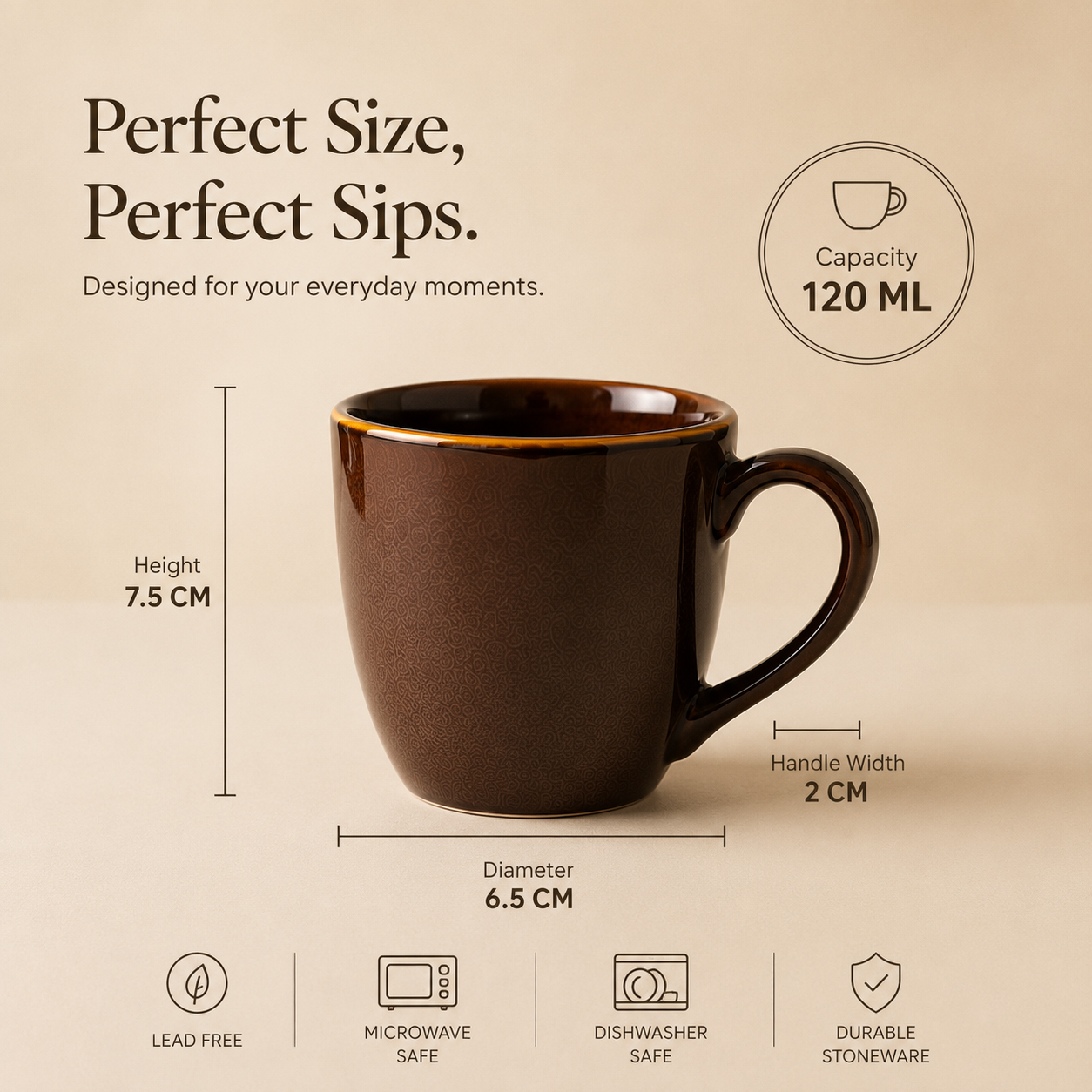 Brown Glossy Finish with Golden Rim - Set of 6 Ceramic Tea & Coffee Mugs - image 5