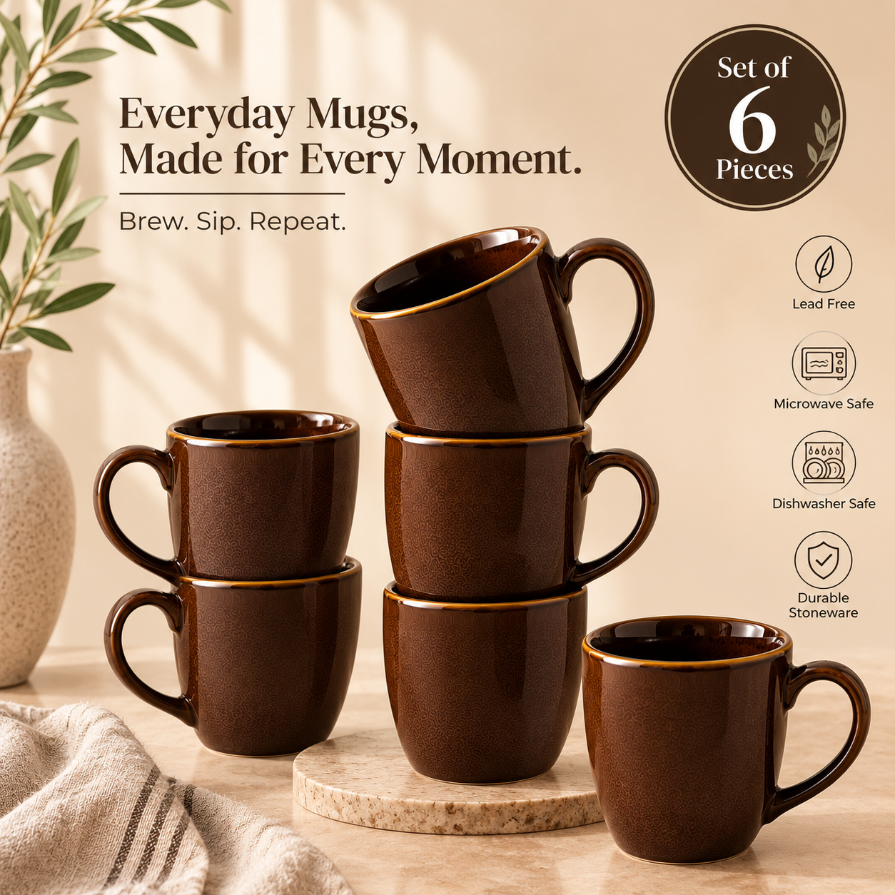 Brown Glossy Finish with Golden Rim - Set of 6 Ceramic Tea & Coffee Mugs - image 4