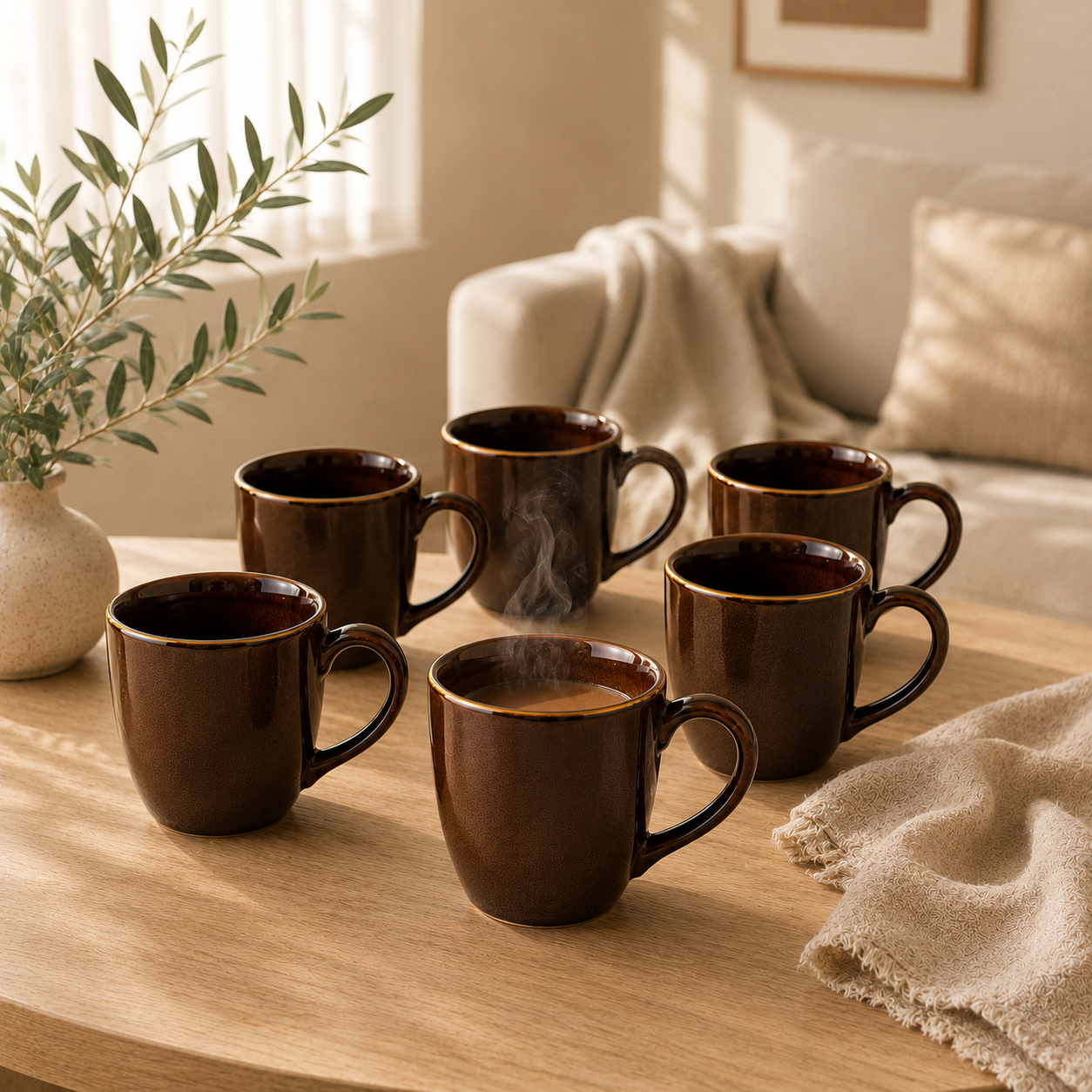 Brown Glossy Finish with Golden Rim - Set of 6 Ceramic Tea & Coffee Mugs - image 3