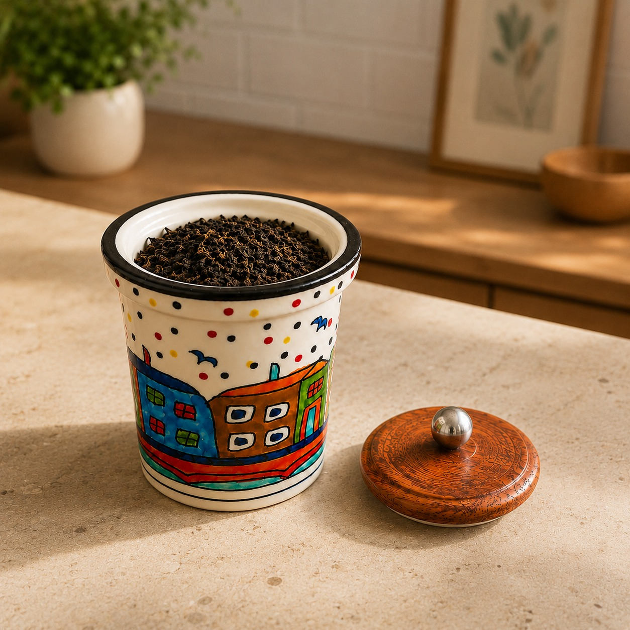 nestcase Ceramic Storage Jar with Wooden Lid | 700 ml Kitchen Canister - image 3