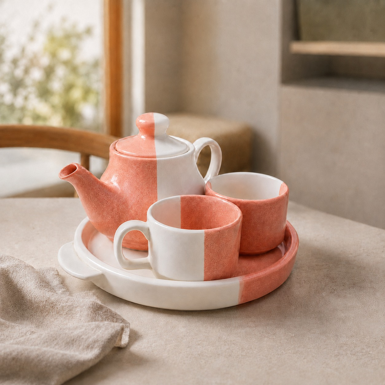 nestcase Ceramic Tea Set | 500 ml Teapot, 2 Cups & Serving Tray | Pink White - image 1