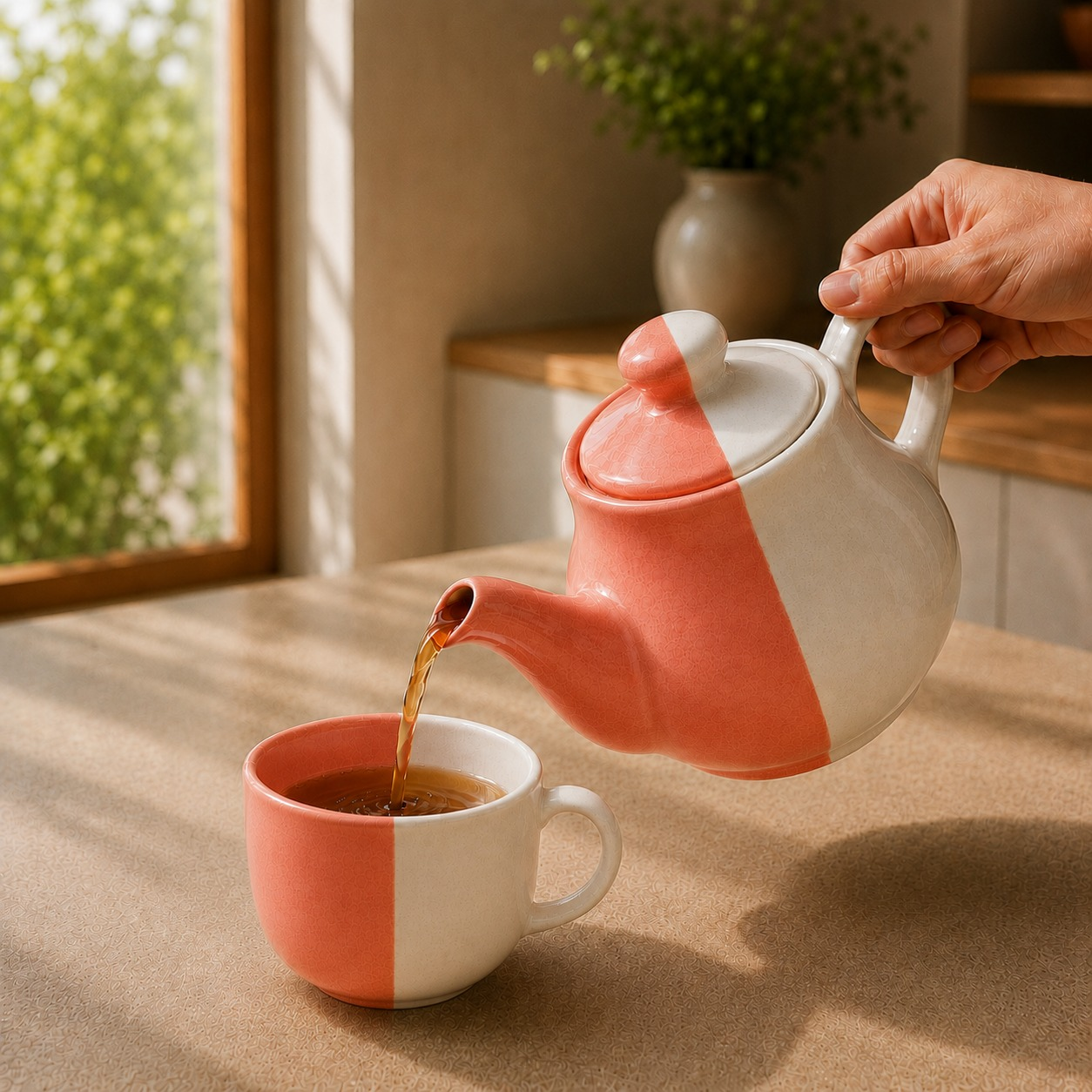 nestcase Ceramic Tea Set | 500 ml Teapot, 2 Cups & Serving Tray | Pink White - image 3