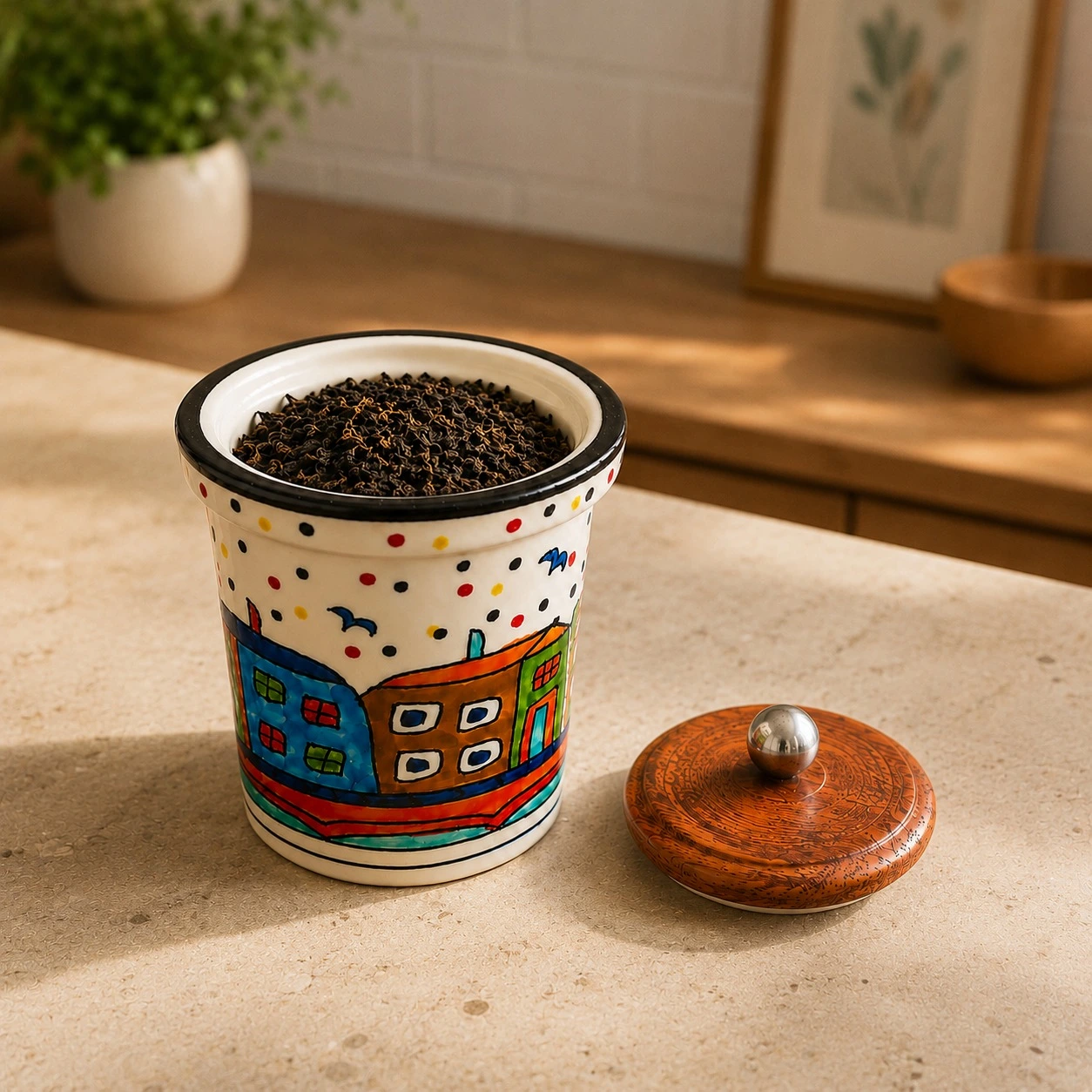 nestcase Ceramic Storage Jar with Wooden Lid | 700 ml Kitchen Canister - image 4