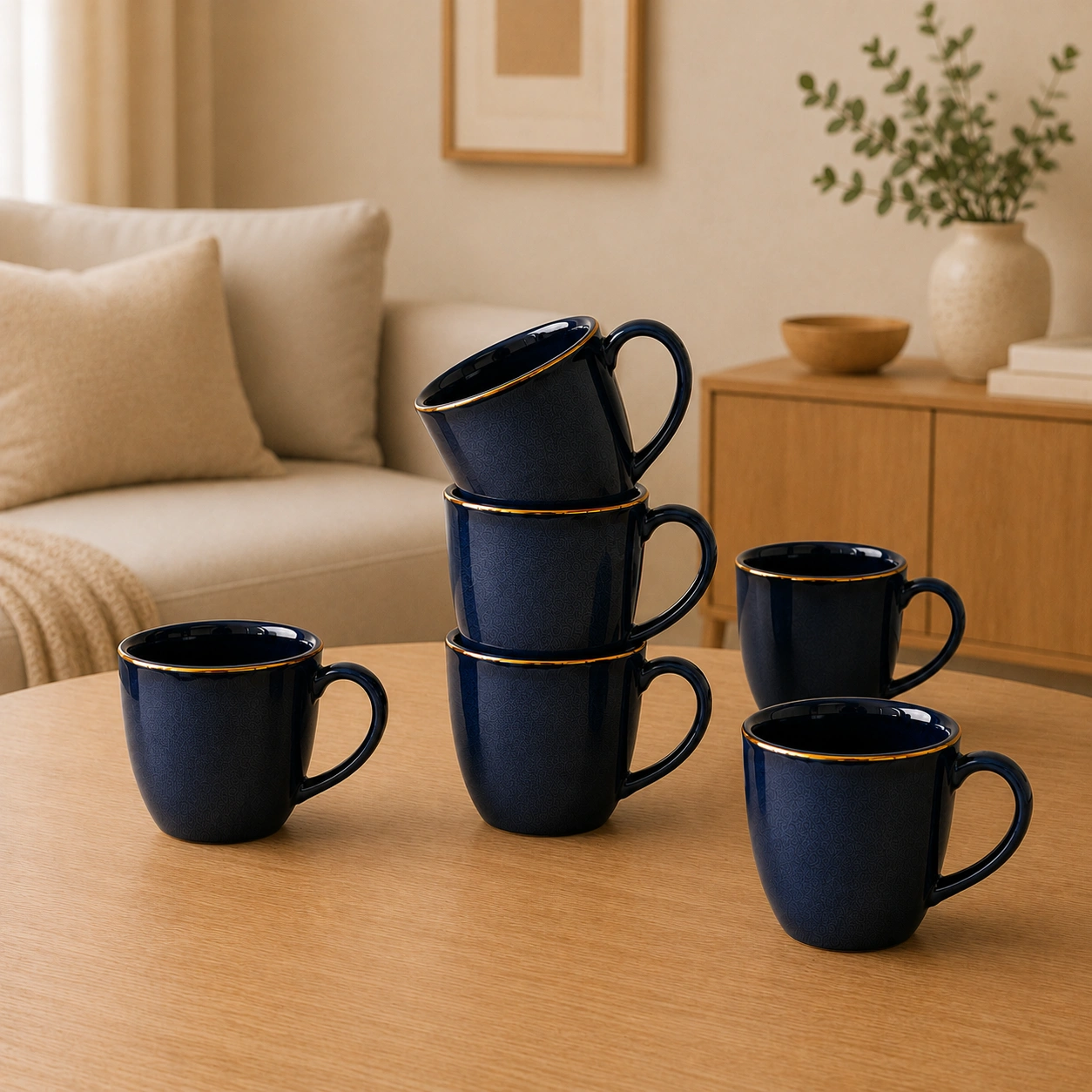 nestcase Ceramic Tea & Coffee Mugs Set of 6 – Midnight Blue with Golden Rim - image 1