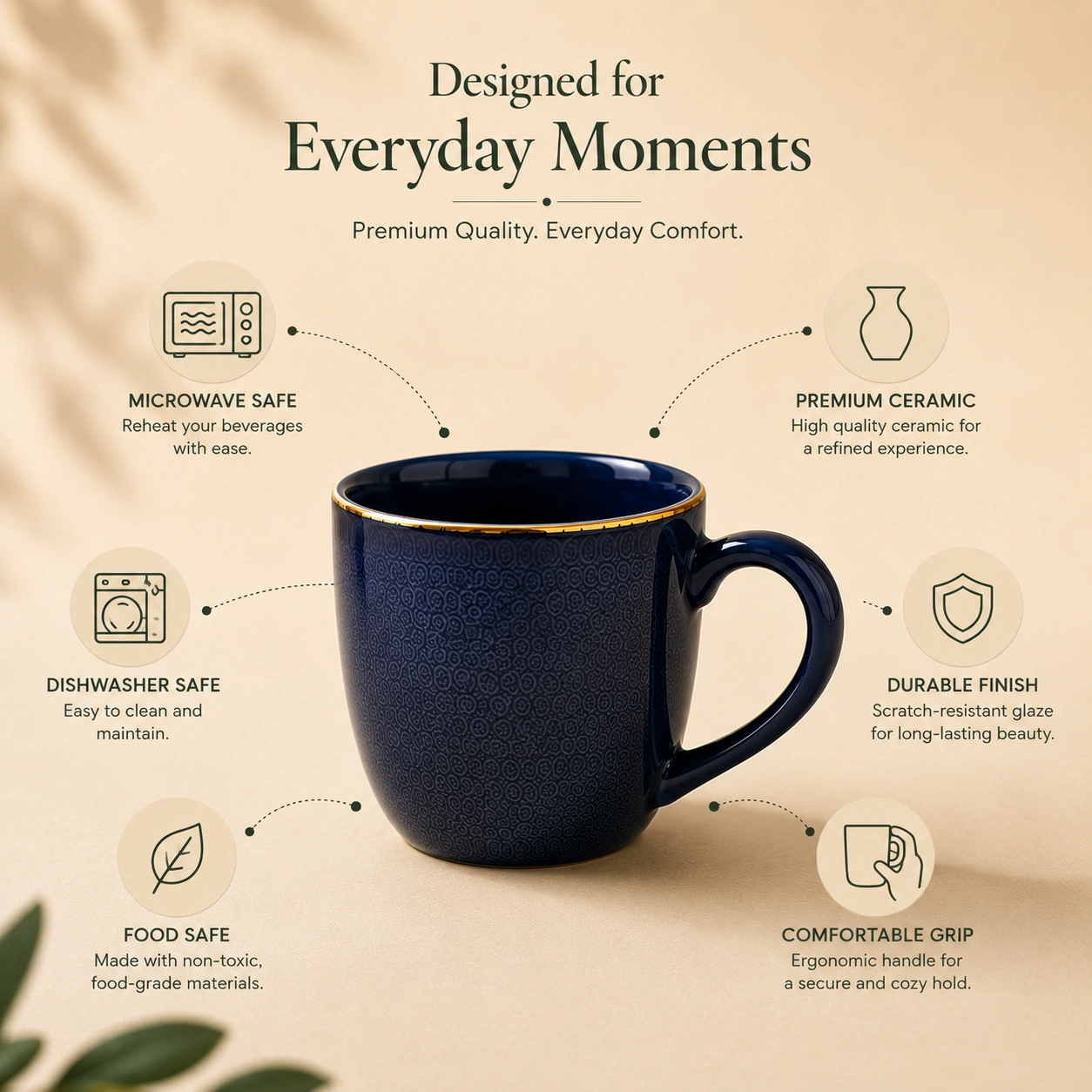 nestcase Ceramic Tea & Coffee Mugs Set of 6 – Midnight Blue with Golden Rim - image 4