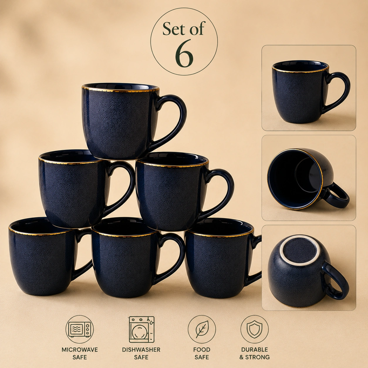 nestcase Ceramic Tea & Coffee Mugs Set of 6 – Midnight Blue with Golden Rim - image 2