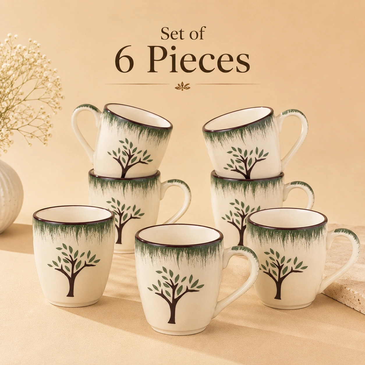 nestcase Ceramic Tea & Coffee Mugs Set of 6 – White & Green Tree Design - image 3
