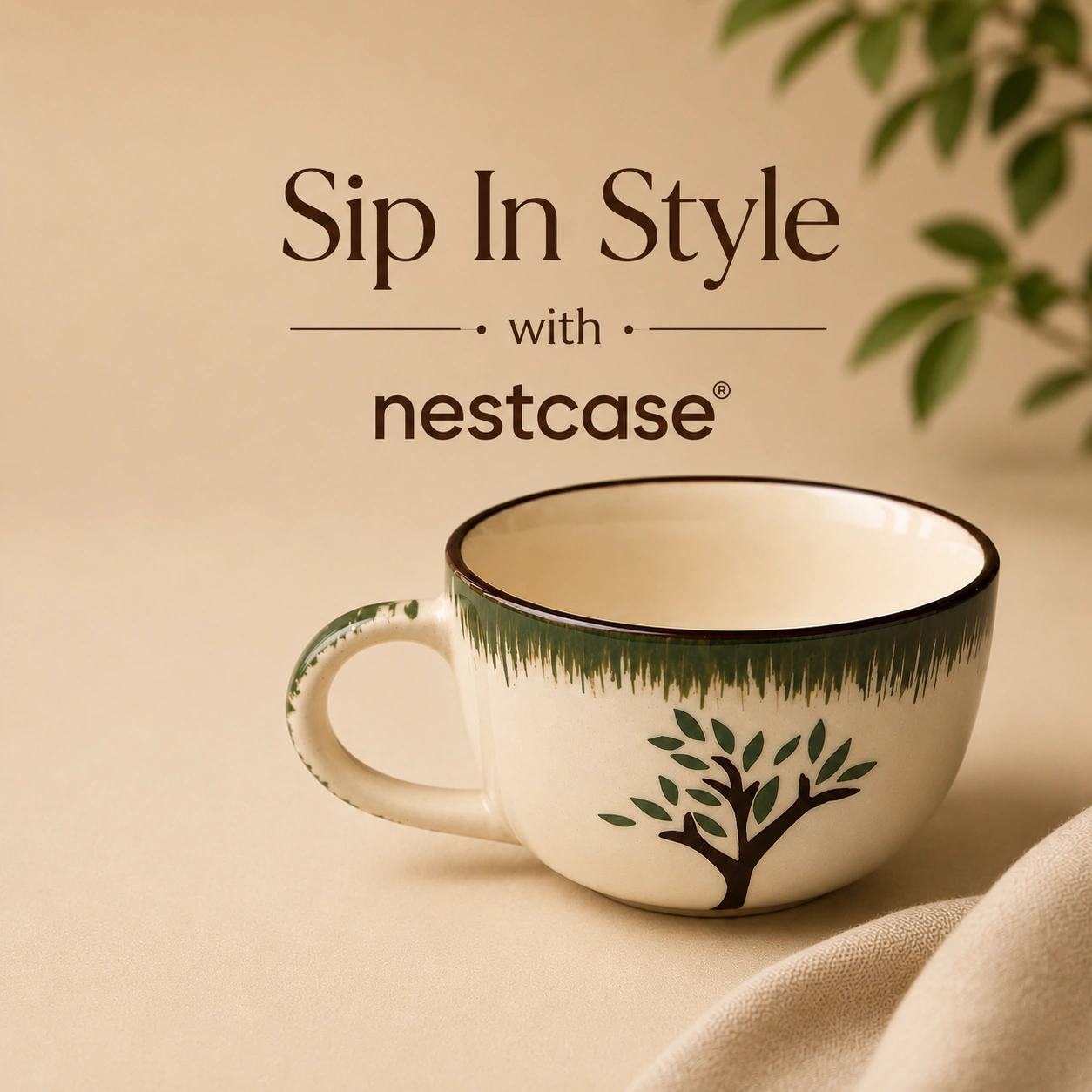 nestcase Ceramic Tea & Coffee Cups Set of 2 – White & Green Tree Design - image 2