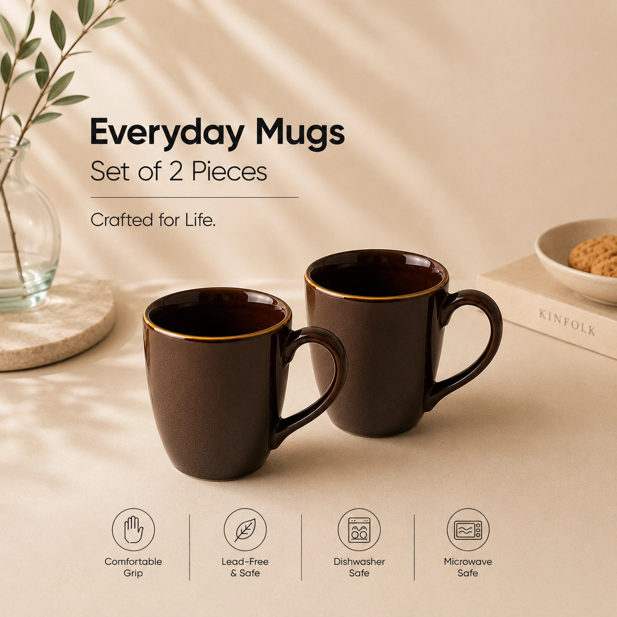 nestcase Ceramic Tea & Coffee Mugs Set of 2 – Brown with Golden Rim - image 4