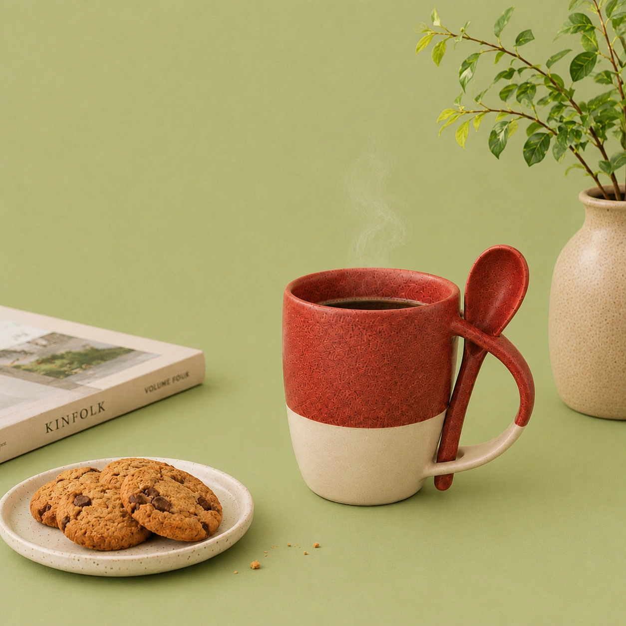 nestcase Ceramic Coffee Mugs with Spoons Set of 2 – Red & Brown - image 4
