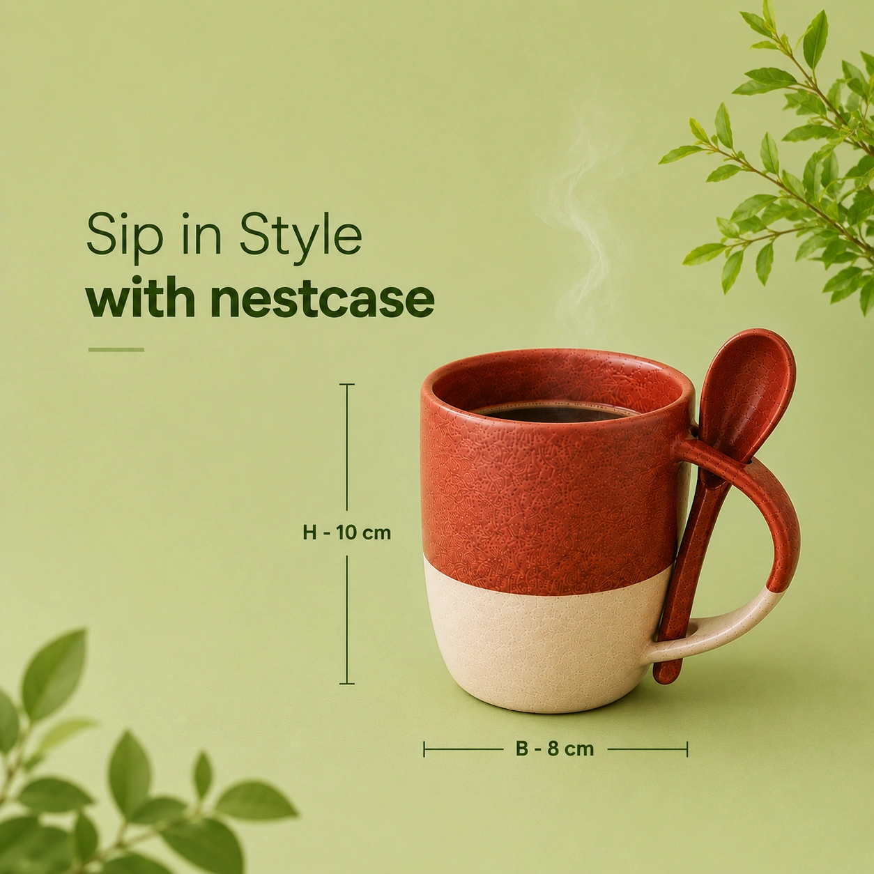 nestcase Ceramic Coffee Mugs with Spoons Set of 2 – Red & Brown - image 2