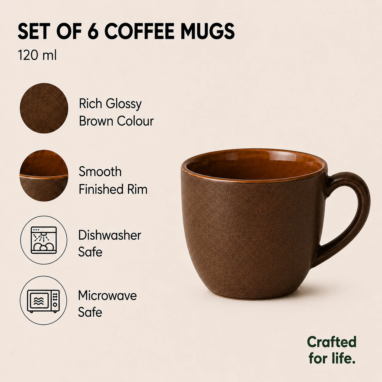 nestcase Ceramic Tea & Coffee Mugs Set of 6 – Brown - image 3