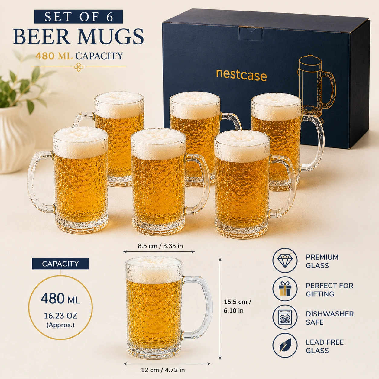 nestcase 480ml Hammered Glass Beer Mug Set of 6 - image 4