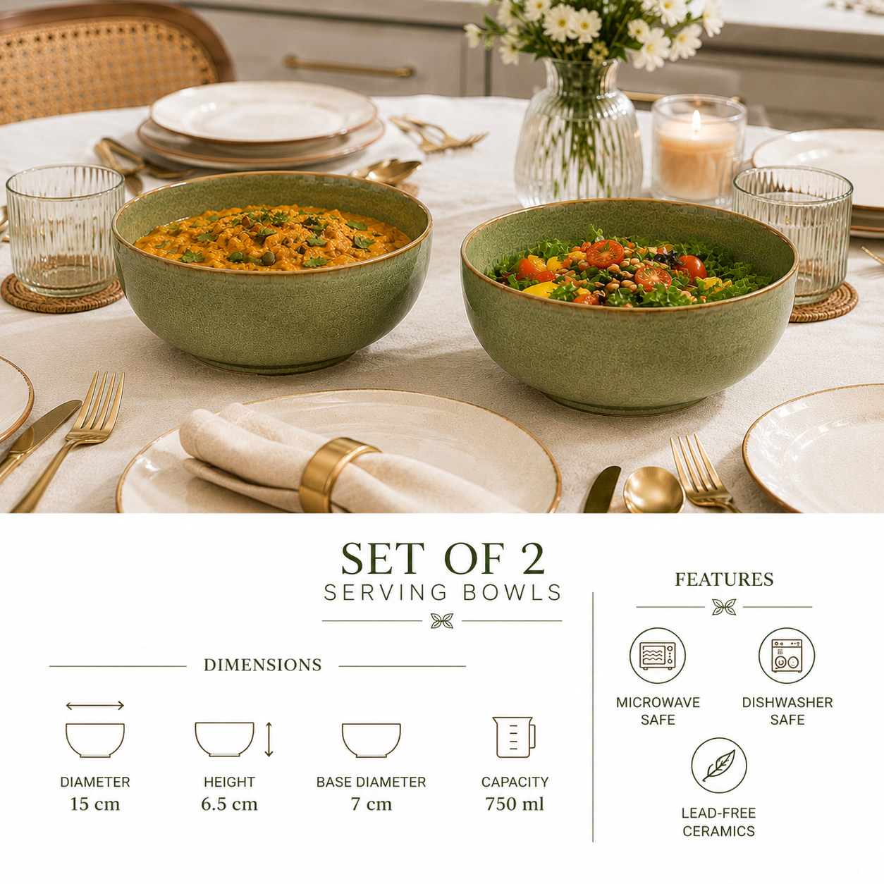 nestcase Ceramic Serving Bowls Set of 2 – Olive Green - image 5