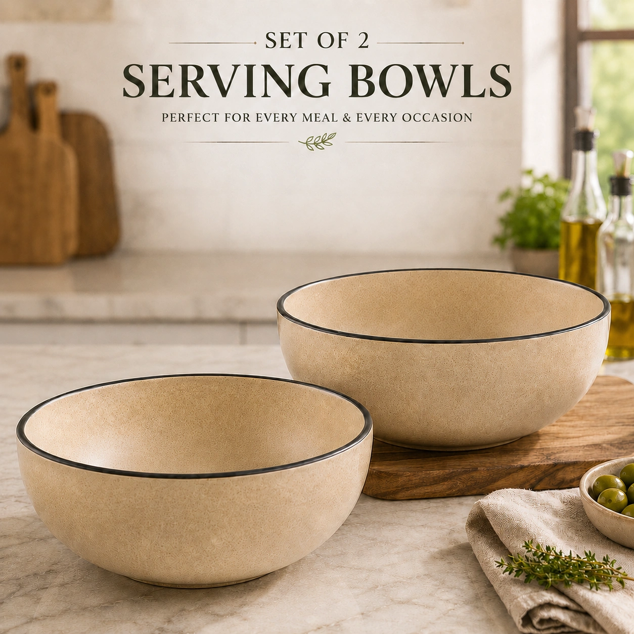nestcase Stoneware Serving Bowls Set of 2 – Beige with Black Rim - image 2