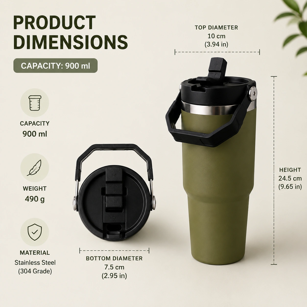 nestcase Stainless Steel Tumbler with Lid & Straw – 900 ml, Olive Green - image 2