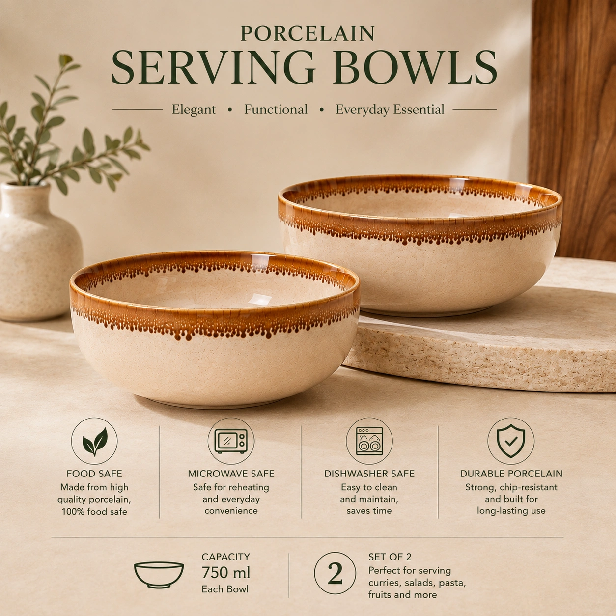 nestcase Premium Porcelain Serving Bowl Set of 2 | 750 ml Beige Brown - image 5