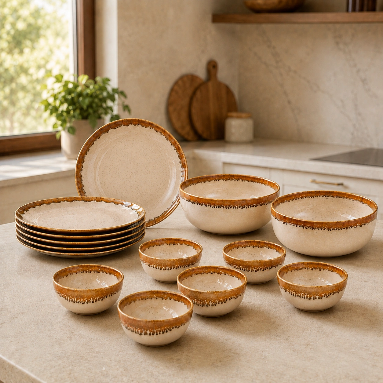 nestcase 14-Piece Porcelain Dinner Set for 6 | Beige Brown Reactive Glaze - image 1