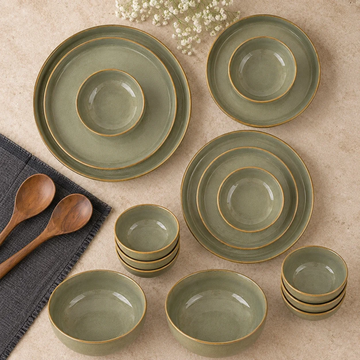 nestcase Stoneware Dinner Set of 20 Pieces – Olive Green - image 2