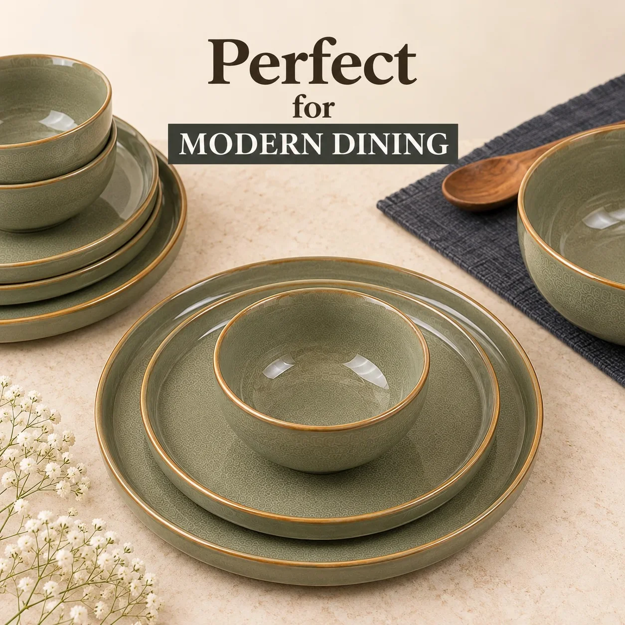 nestcase Stoneware Dinner Set of 20 Pieces – Olive Green - image 4