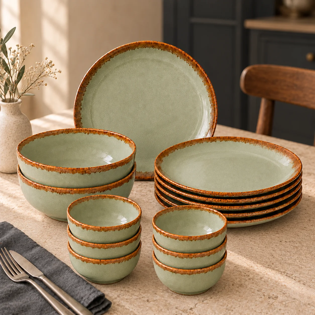 nestcase Stoneware Dinner Set of 14 Pieces – Sage Green - image 1