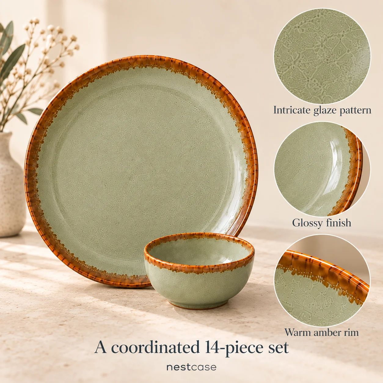 nestcase Stoneware Dinner Set of 14 Pieces – Sage Green - image 5