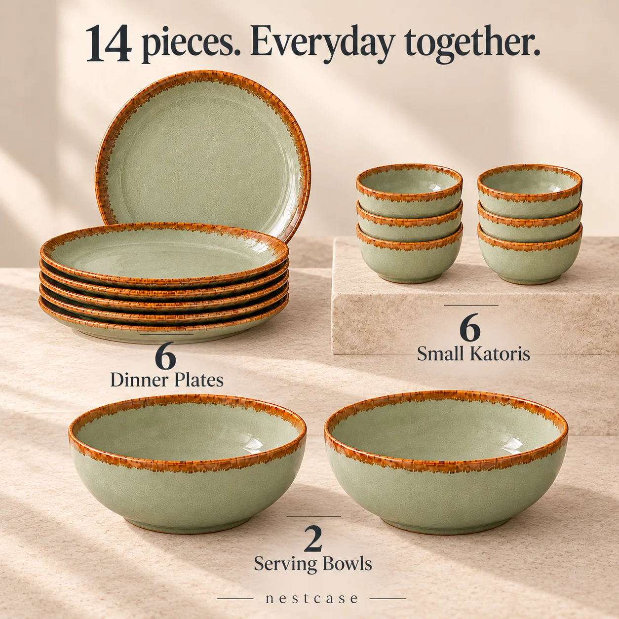 nestcase Stoneware Dinner Set of 14 Pieces – Sage Green - image 2