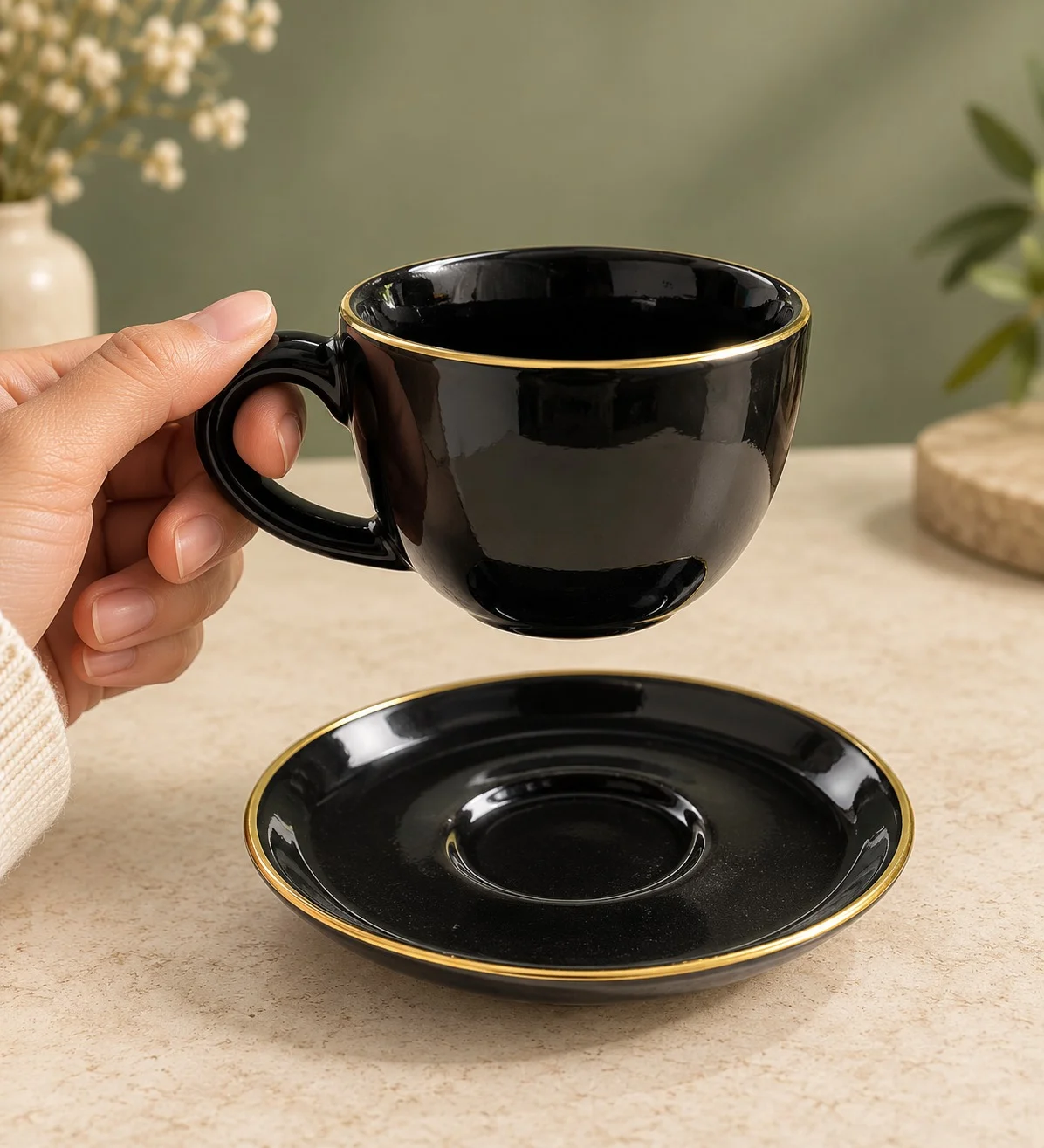 nestcase Black Tea & Coffee Cup with Saucer, Gold Rim, Glossy Finish 100 Ml - image 2