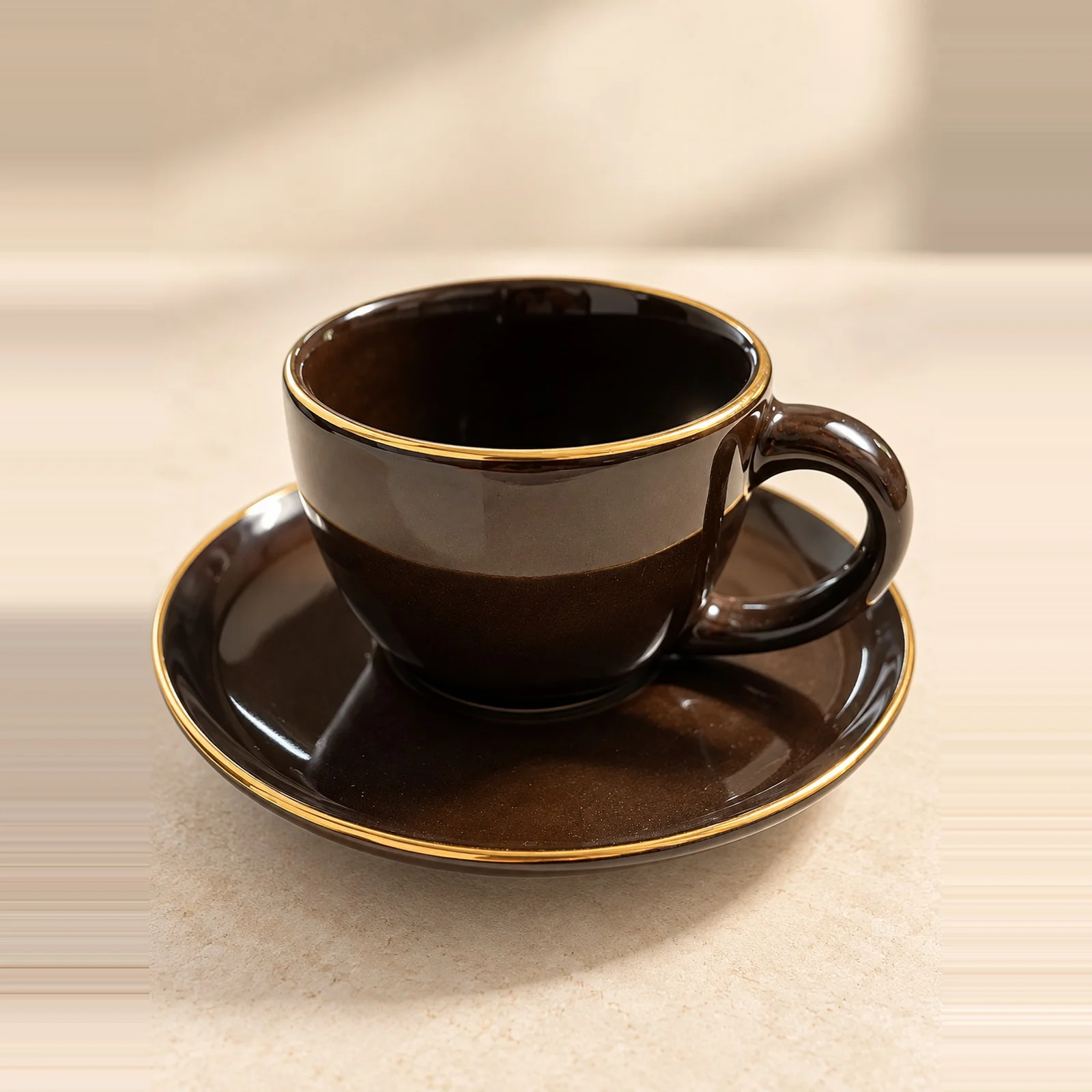 nestcase Brown Tea and Coffee Cup with Saucer, Gold-Coloured Rim, Glossy Finish 100Ml - image 1