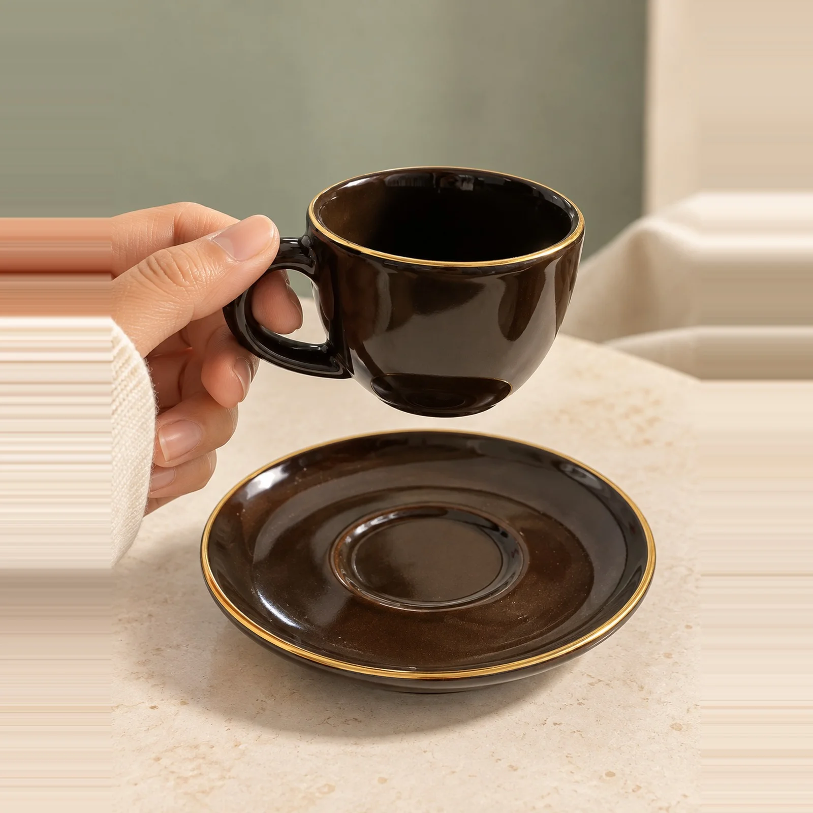 nestcase Brown Tea and Coffee Cup with Saucer, Gold-Coloured Rim, Glossy Finish 100Ml - image 2